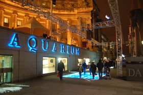 Rigging Services provided a solution for Projection Advertising outside the London Aquarium